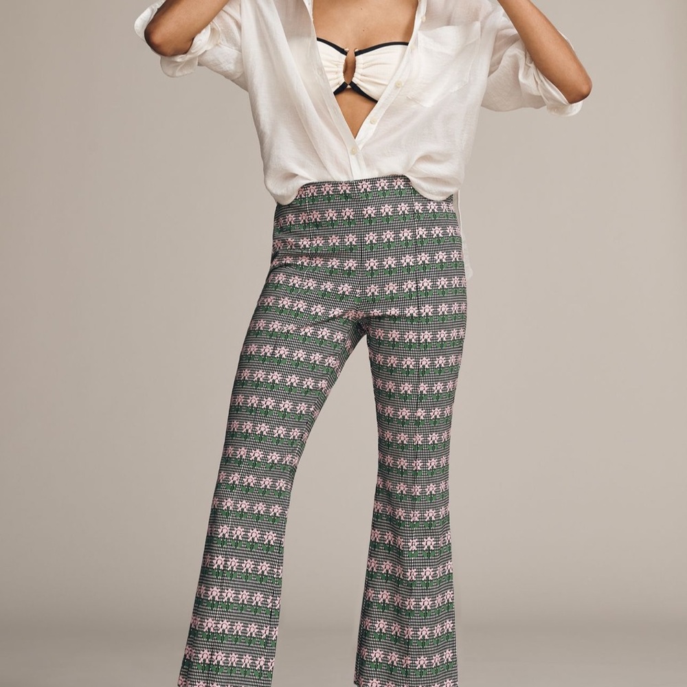 Maeve The Margot Green and Pink Houndstooths Patterned Flare Pants Size Large